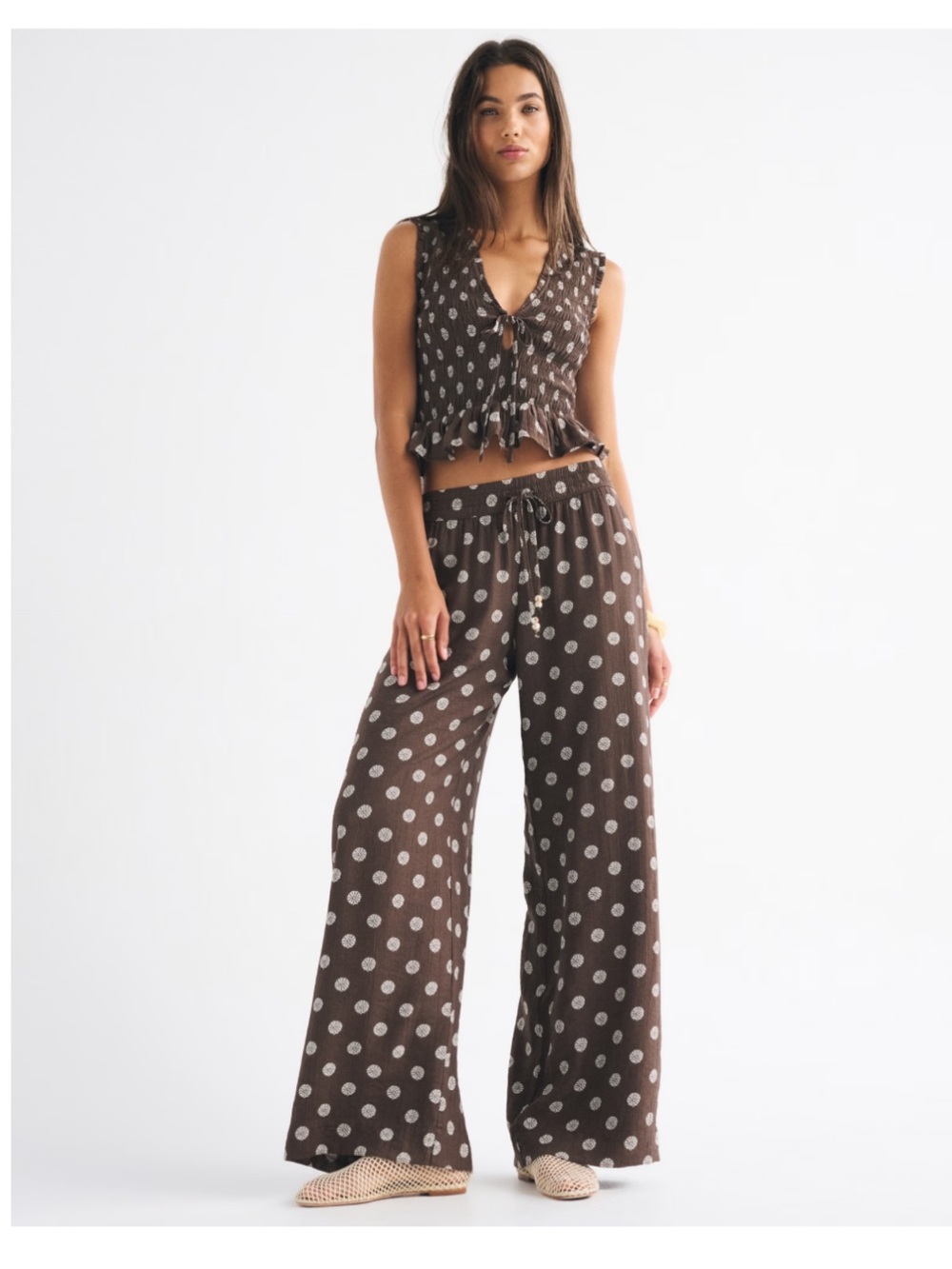 Abercrombie & fitch brown crinkle tie front top and wide leg pants size XS